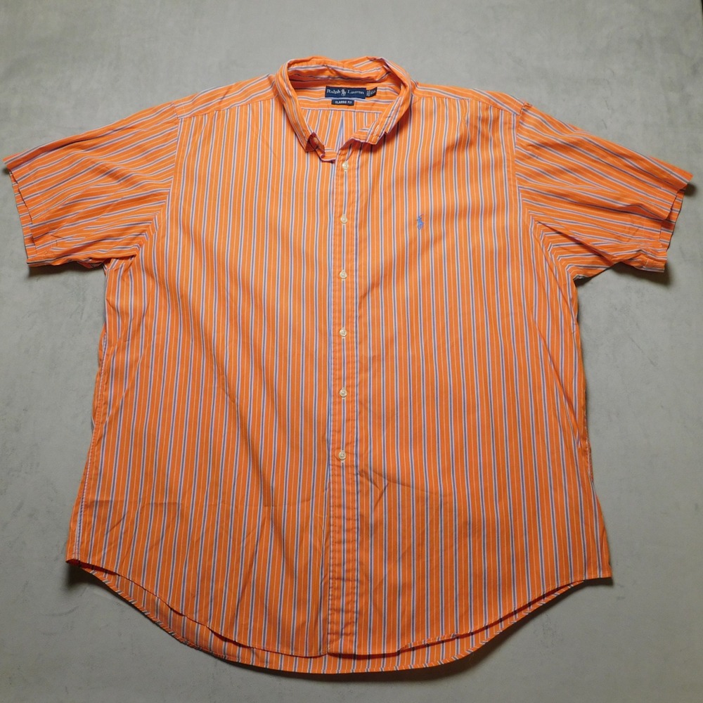 Ralph Lauren Mens XXL Classic Fit Orange Blue Striped Short Sleeve Button Down‎